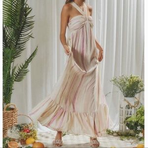 Halter Neck Maxi Dress | Cream and Pink Woven Maxi Dress | Size Small |